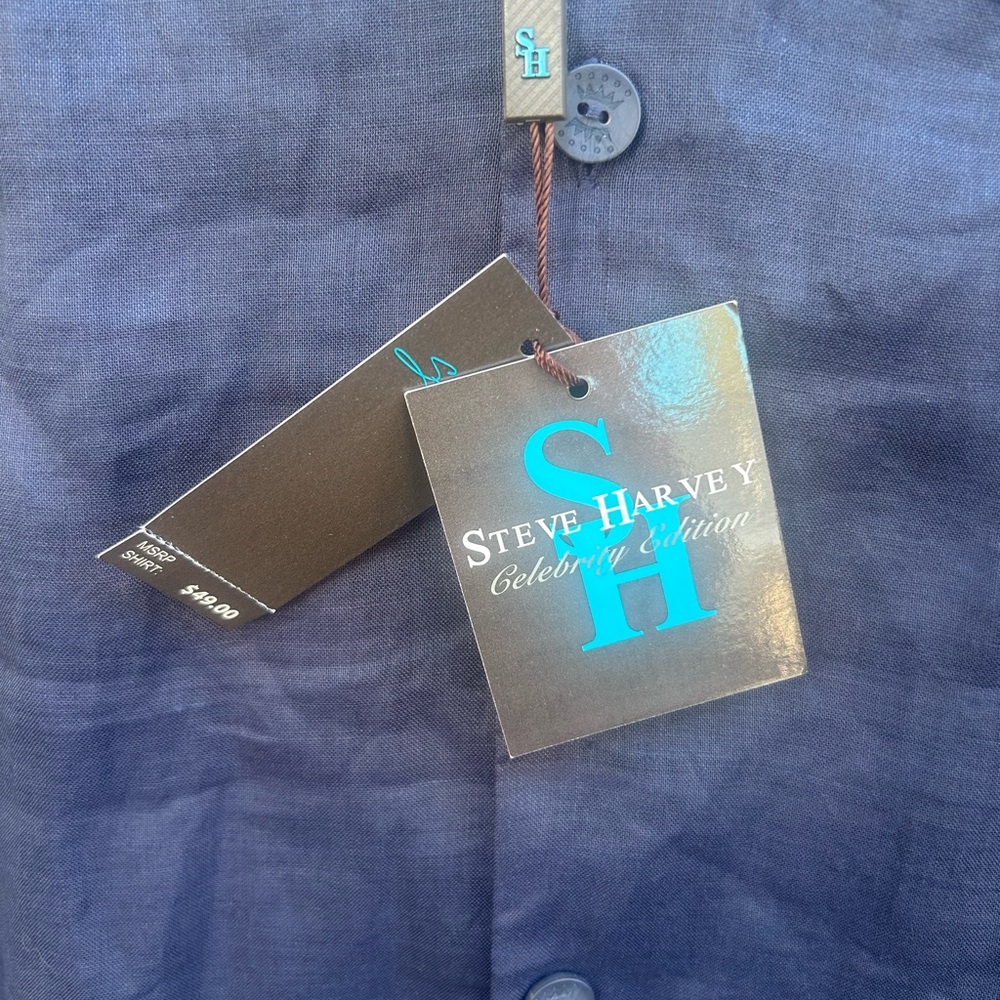 NWT Steve Harvey Celebrity Edition 100% Linen Big & Tall 5XL Navy Blue Shirt G6 - Picture 6 of 9